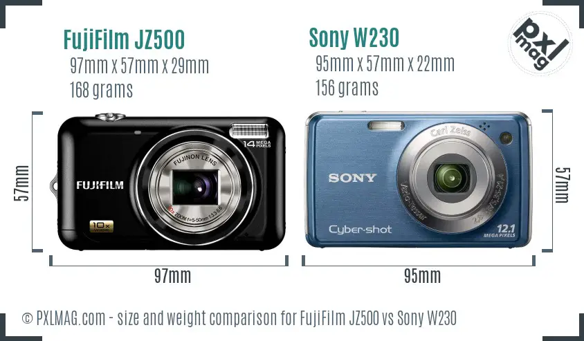 FujiFilm JZ500 vs Sony W230 size comparison