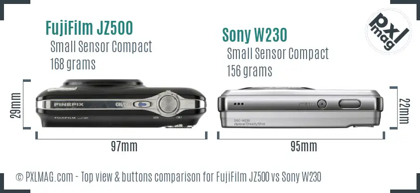FujiFilm JZ500 vs Sony W230 top view buttons comparison