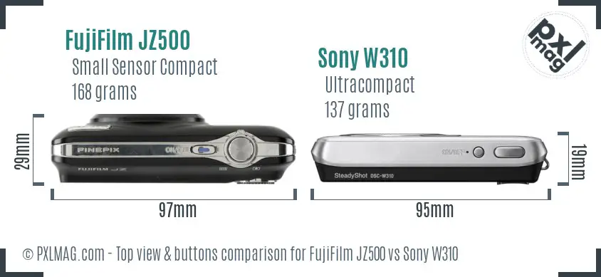 FujiFilm JZ500 vs Sony W310 top view buttons comparison