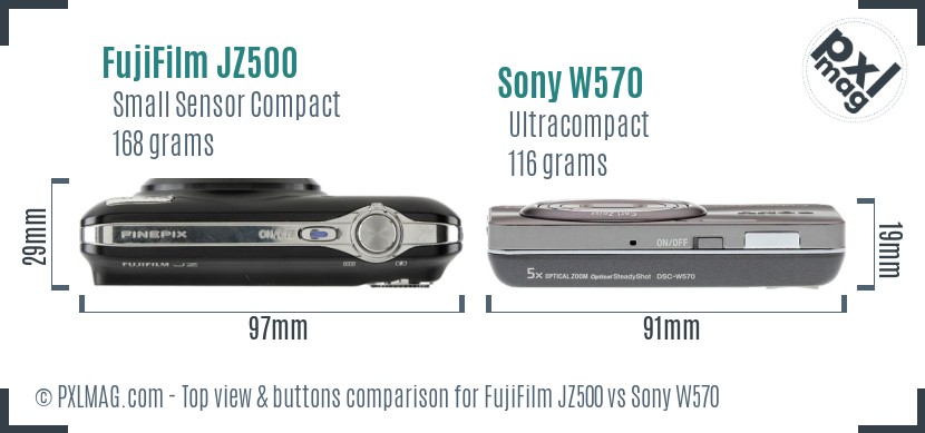 FujiFilm JZ500 vs Sony W570 top view buttons comparison