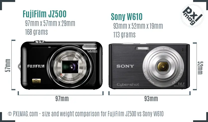 FujiFilm JZ500 vs Sony W610 size comparison FujiFilm JZ500 vs Sony W610 size comparison