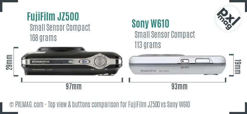 FujiFilm JZ500 vs Sony W610 top view buttons comparison FujiFilm JZ500 vs Sony W610 top view buttons comparison