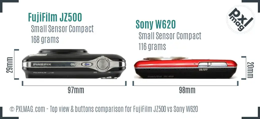 FujiFilm JZ500 vs Sony W620 top view buttons comparison