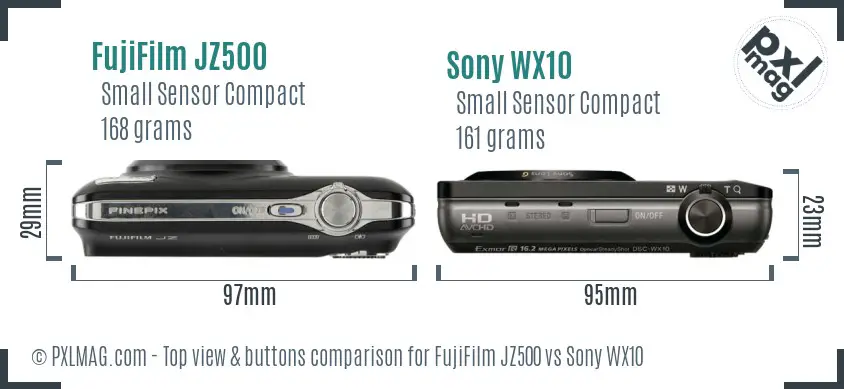 FujiFilm JZ500 vs Sony WX10 top view buttons comparison