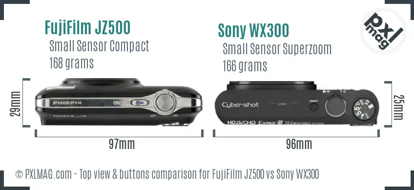 FujiFilm JZ500 vs Sony WX300 top view buttons comparison FujiFilm JZ500 vs Sony WX300 top view buttons comparison