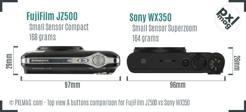 FujiFilm JZ500 vs Sony WX350 top view buttons comparison FujiFilm JZ500 vs Sony WX350 top view buttons comparison