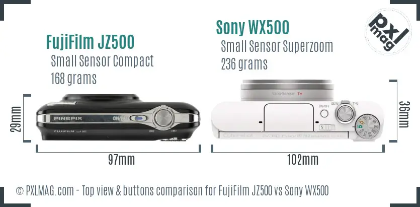 FujiFilm JZ500 vs Sony WX500 top view buttons comparison