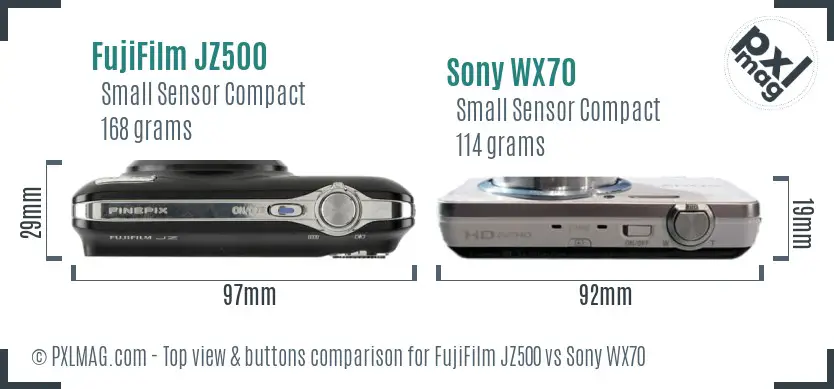 FujiFilm JZ500 vs Sony WX70 top view buttons comparison FujiFilm JZ500 vs Sony WX70 top view buttons comparison