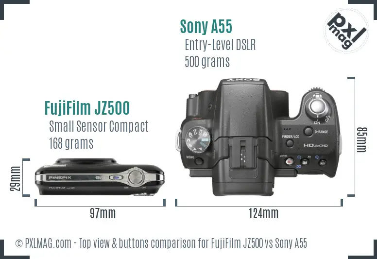FujiFilm JZ500 vs Sony A55 top view buttons comparison