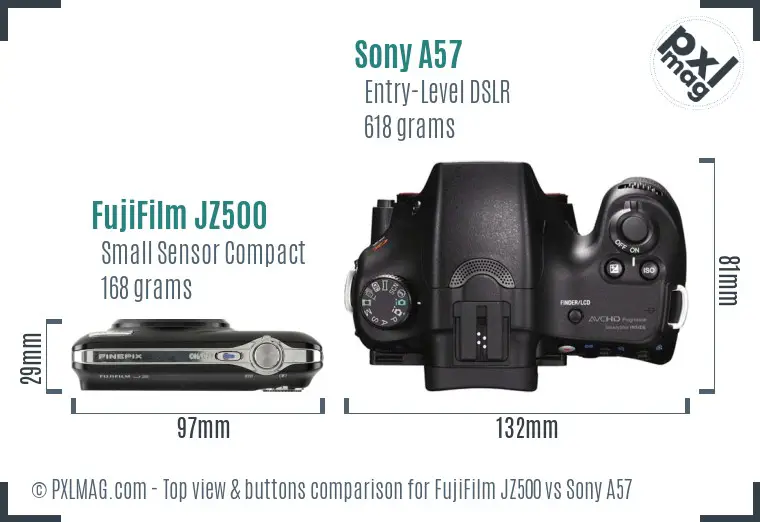 FujiFilm JZ500 vs Sony A57 top view buttons comparison