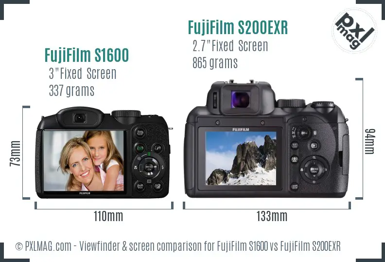 FujiFilm S1600 vs FujiFilm S200EXR Screen and Viewfinder comparison