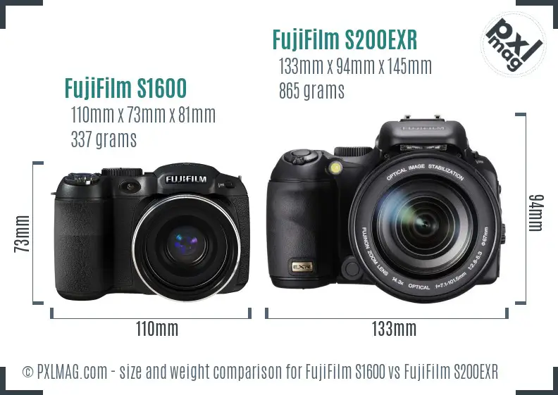 FujiFilm S1600 vs FujiFilm S200EXR size comparison