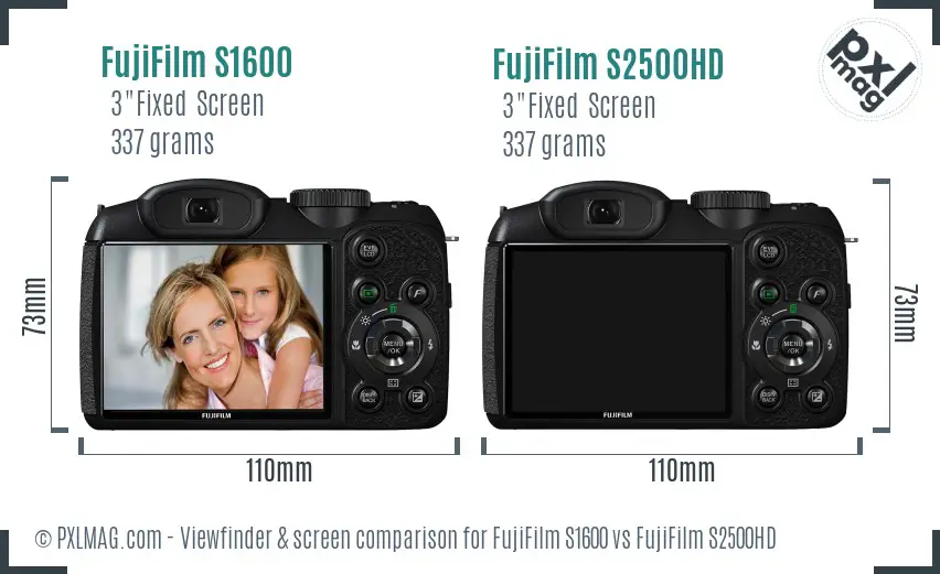 FujiFilm S1600 vs FujiFilm S2500HD Screen and Viewfinder comparison