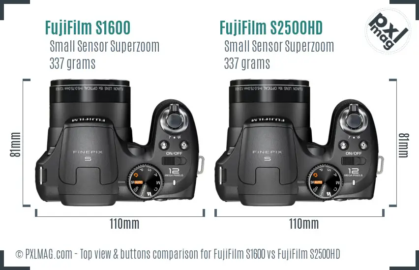 FujiFilm S1600 vs FujiFilm S2500HD top view buttons comparison