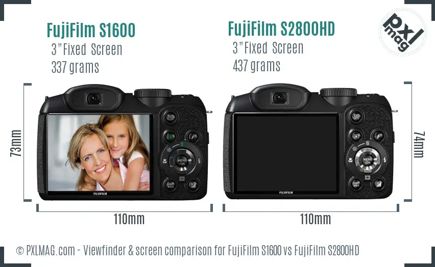 FujiFilm S1600 vs FujiFilm S2800HD Screen and Viewfinder comparison