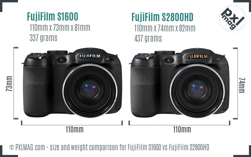FujiFilm S1600 vs FujiFilm S2800HD size comparison