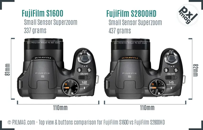 FujiFilm S1600 vs FujiFilm S2800HD top view buttons comparison