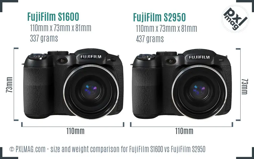 FujiFilm S1600 vs FujiFilm S2950 size comparison