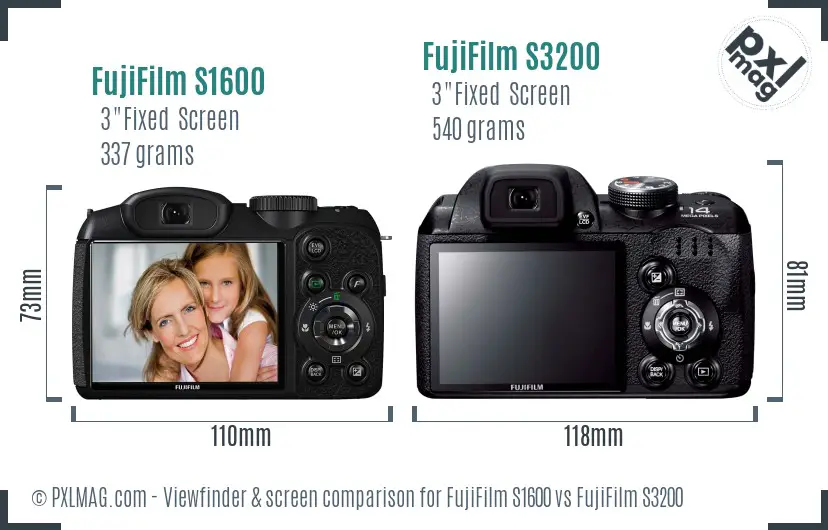 FujiFilm S1600 vs FujiFilm S3200 Screen and Viewfinder comparison