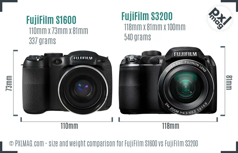 FujiFilm S1600 vs FujiFilm S3200 size comparison