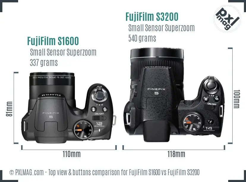 FujiFilm S1600 vs FujiFilm S3200 top view buttons comparison