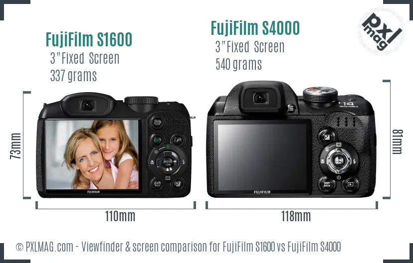 FujiFilm S1600 vs FujiFilm S4000 Screen and Viewfinder comparison