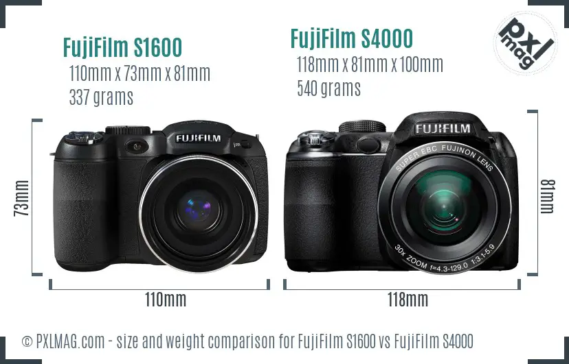 FujiFilm S1600 vs FujiFilm S4000 size comparison