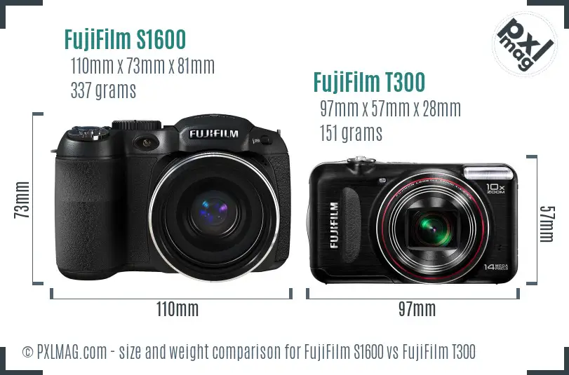 FujiFilm S1600 vs FujiFilm T300 size comparison