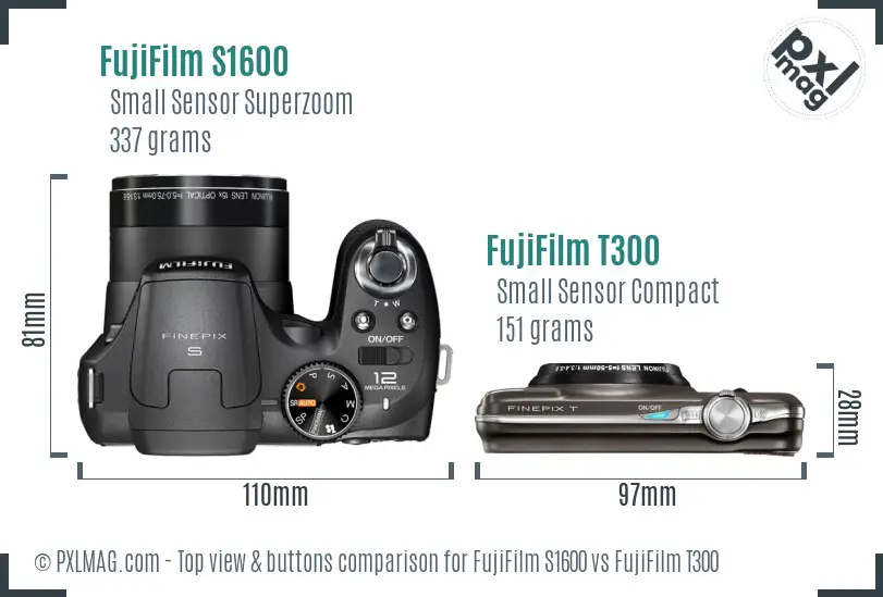 FujiFilm S1600 vs FujiFilm T300 top view buttons comparison