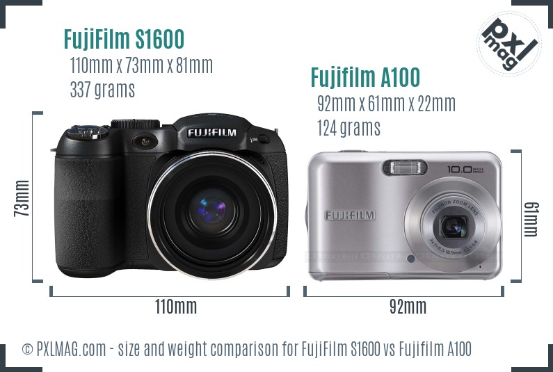 FujiFilm S1600 vs Fujifilm A100 size comparison