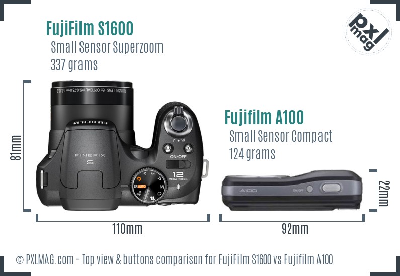 FujiFilm S1600 vs Fujifilm A100 top view buttons comparison