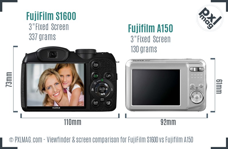 FujiFilm S1600 vs Fujifilm A150 Screen and Viewfinder comparison