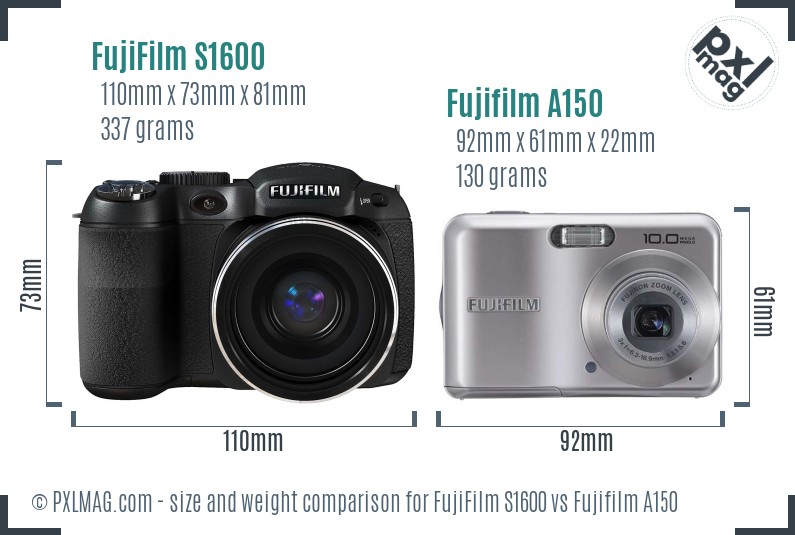FujiFilm S1600 vs Fujifilm A150 size comparison