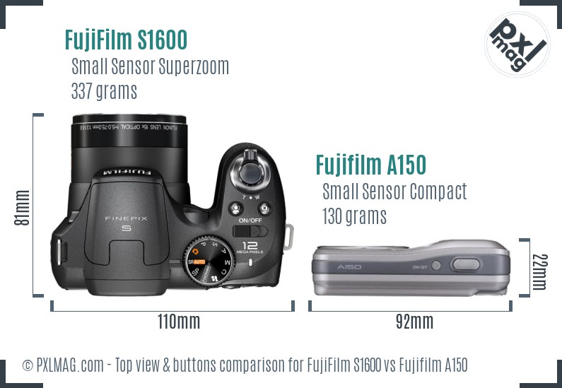 FujiFilm S1600 vs Fujifilm A150 top view buttons comparison