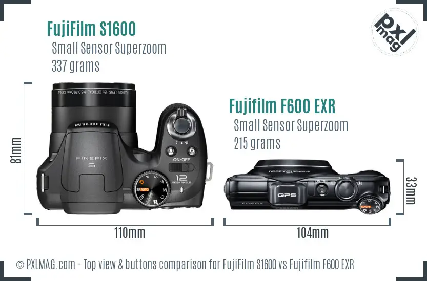 FujiFilm S1600 vs Fujifilm F600 EXR top view buttons comparison