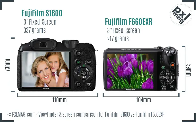 FujiFilm S1600 vs Fujifilm F660EXR Screen and Viewfinder comparison
