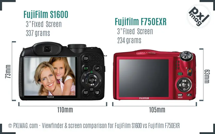 FujiFilm S1600 vs Fujifilm F750EXR Screen and Viewfinder comparison