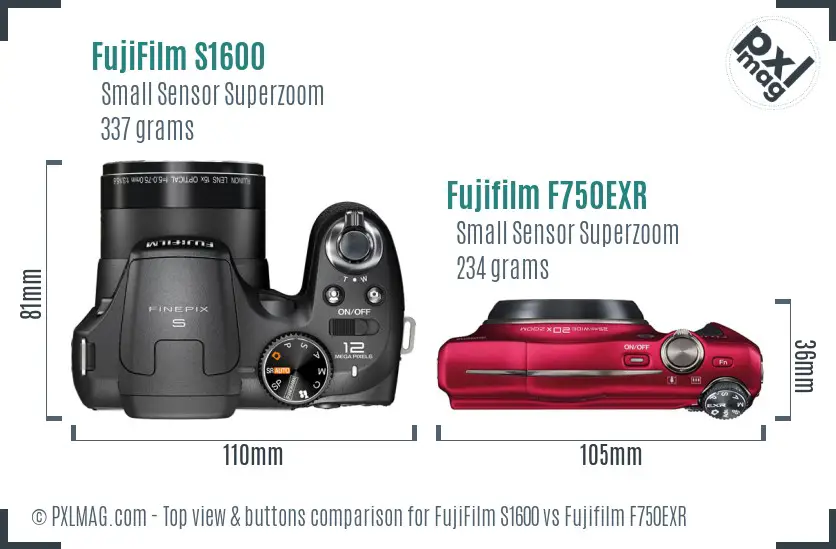 FujiFilm S1600 vs Fujifilm F750EXR top view buttons comparison