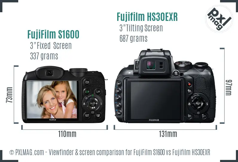 FujiFilm S1600 vs Fujifilm HS30EXR Screen and Viewfinder comparison