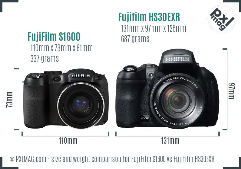 FujiFilm S1600 vs Fujifilm HS30EXR size comparison