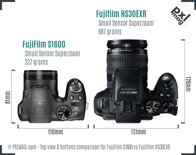 FujiFilm S1600 vs Fujifilm HS30EXR top view buttons comparison
