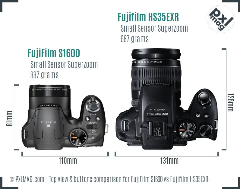 FujiFilm S1600 vs Fujifilm HS35EXR top view buttons comparison