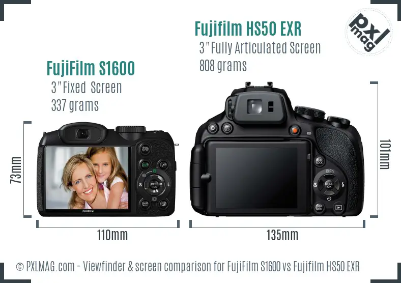 FujiFilm S1600 vs Fujifilm HS50 EXR Screen and Viewfinder comparison