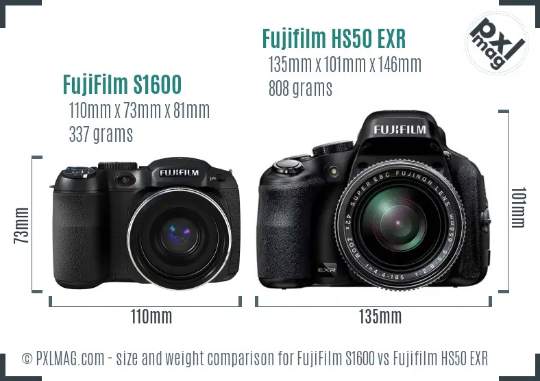 FujiFilm S1600 vs Fujifilm HS50 EXR size comparison