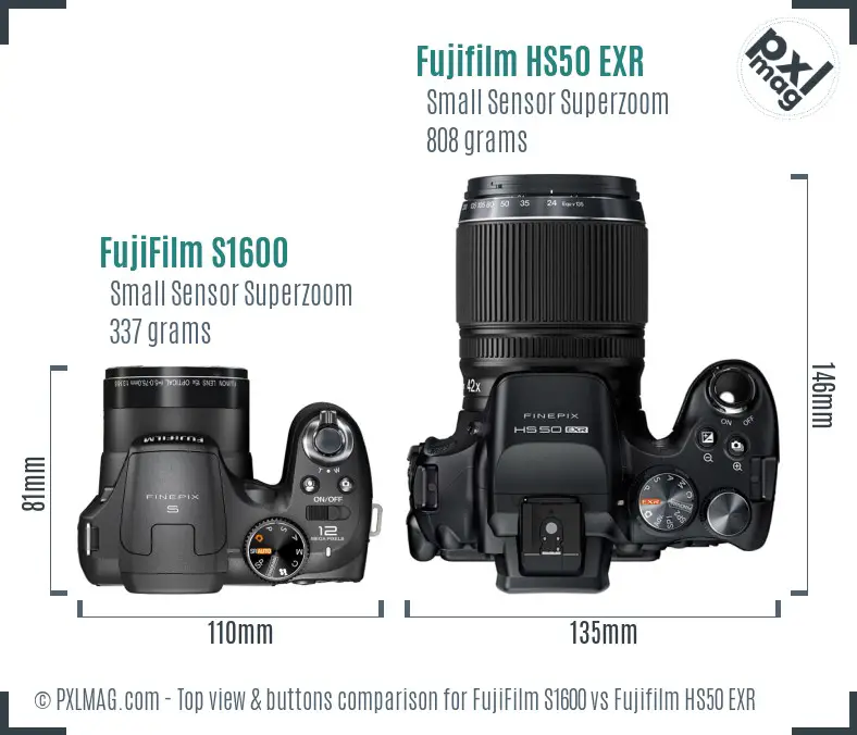 FujiFilm S1600 vs Fujifilm HS50 EXR top view buttons comparison