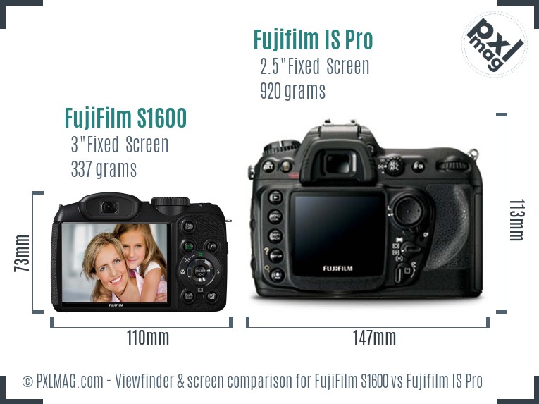 FujiFilm S1600 vs Fujifilm IS Pro Screen and Viewfinder comparison