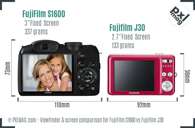 FujiFilm S1600 vs Fujifilm J30 Screen and Viewfinder comparison