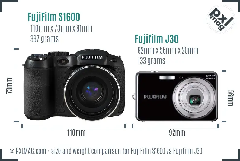 FujiFilm S1600 vs Fujifilm J30 size comparison