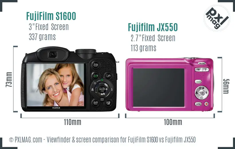FujiFilm S1600 vs Fujifilm JX550 Screen and Viewfinder comparison