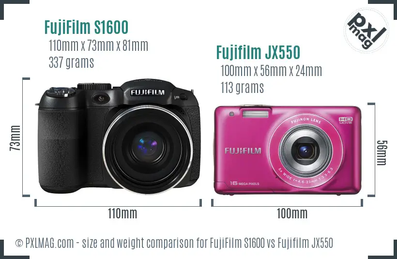 FujiFilm S1600 vs Fujifilm JX550 size comparison